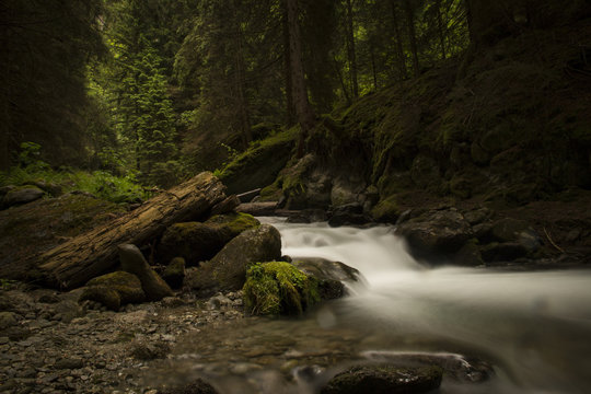 Fluss durch Wald mit Wasserfall und B&auml;umen