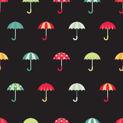 Cute regular seamless pattern with colorful umbrellas. Vector illustration on dark background.