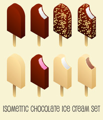 Chocolate ice cream realistic isometric icons set
