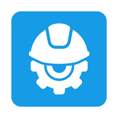 Icono plano casco con engranaje en cuadrado azul