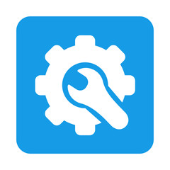 Icono plano engranaje con llave en cuadrado azul