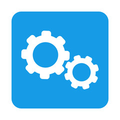 Icono plano engranajes en cuadrado azul