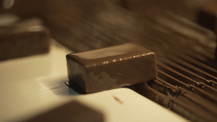 Chocolate sweets go on the conveyor. Sweets on the conveyor. Chocolate sweets are moving on the conveyor. Candy is covered with chocolate