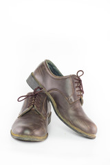 pair  brown leather shoes isolated on white background , classic male shoe on white background ,close up shoes