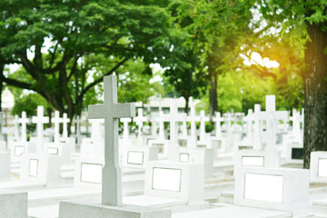 Crosses of christ cemetery with tombstones on the green tree background