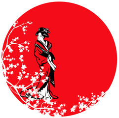 beautiful japanese geisha among sakura blossom against red sun vector design
