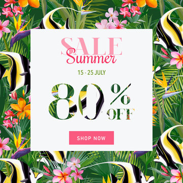 Summer Sale Tropical Flowers and Exotic Fish Banner, for Discount Poster, Fashion Sale, Market Offer in vector
