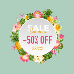 Summer Sale Tropical Flowers Banner, for Discount Poster, Fashion Sale, Market Offer in vector