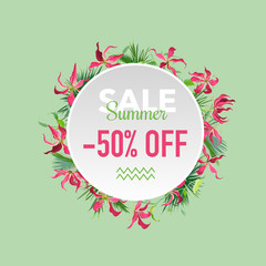 Summer Sale Tropical Flowers Banner, for Discount Poster, Fashion Sale, Market Offer in vector