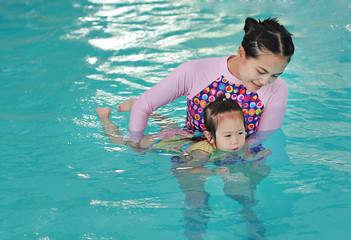 family of mother teaching kid in swimming pool.