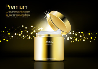 Opened cream with golden lights on dark background vector cosmetic ads