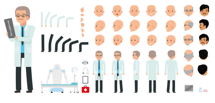 Man character creation set. The pediatrician, physician, medic, doctor. Icons with different types of faces, emotions, front, rear side. Cartoon flat-style infographic illustration