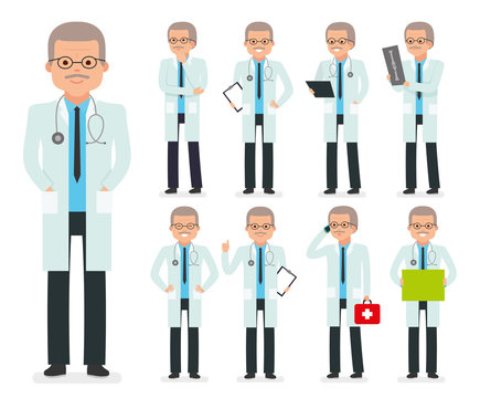 Doctor character creation set. The pediatrician, physician, medic. Icons with different types of faces, emotions, front, rear side. Vector flat illustration