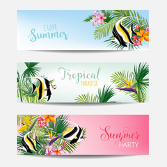 Banner Set of Tropical Flowers and Exotic Fish, Cards with Text, Beach Flyers in Vector
