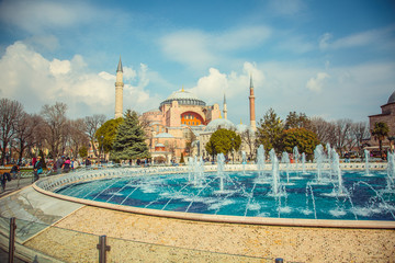 Beautiful fountain on the background Hagia Sophia mosque in Istanbul, Turkey