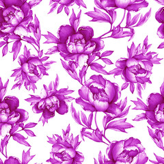 Vintage floral seamless purple monochrome pattern with flowering peonies, on white background. Watercolor hand drawn painting illustration. Isolated. Design for fabric, wrap paper or wallpaper.
