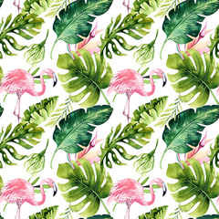 Obraz premium Tropikalny na białym tle wzór z flamingiem. Akwarela rysunek zwrotnik, róża ptak i palmy zieleni, zwrotnik zielony tekstura, egzotyczny kwiat. Zestaw Aloha