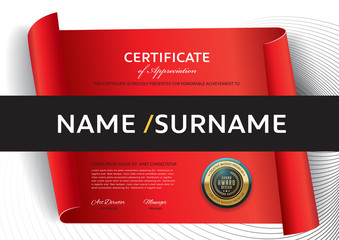 certificate template with red ribbon decoration,diploma,Vector illustration and vector Luxury premium badges design.