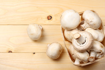 mushrooms on light wooden background. top view with copy space