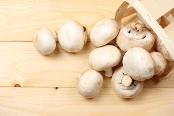 mushrooms on light wooden background. top view with copy space