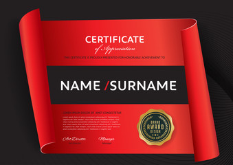 certificate template with red ribbon decoration,diploma,Vector illustration and vector Luxury premium badges design.