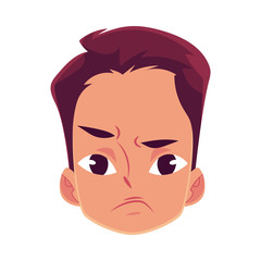 Young man face, angry facial expression, cartoon vector illustrations isolated on white background. Handsome boy emoji, feeling distressed, frustrated, sullen, upset. Angry face expression