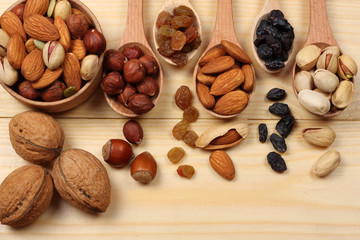 mix almonds, cashew nuts, hazelnut, peanuts, walnuts, pistachio in wood plate on wood background