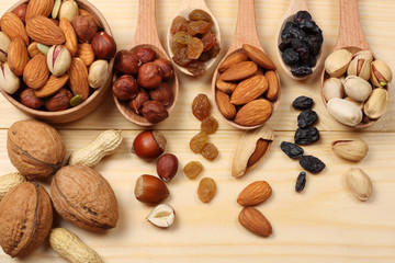 mix almonds, cashew nuts, hazelnut, peanuts, walnuts, pistachio in wood plate on wood background