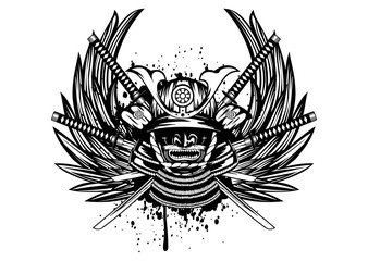 Obraz premium samurai helmet, menpo with yodare-kake, crossed katana and wings