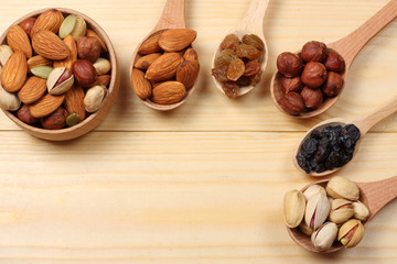 mix almonds, cashew nuts, hazelnut, peanuts, walnuts, pistachio in wood plate on wood background