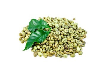 Coffee green grain with leaf