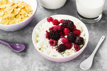 Cottage cheese in bowl with frozen raspberry and blackberry and milk in glass on a light background