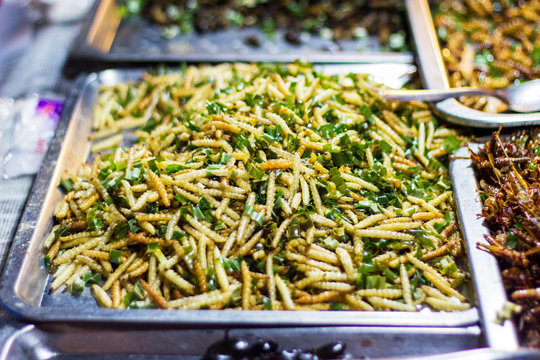 fried insects.Thai food at market.