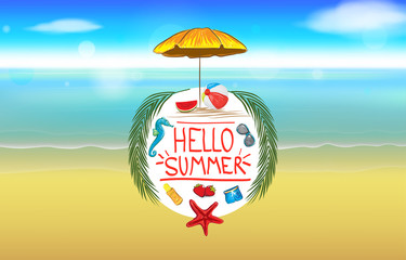 Hello Summer with Beach Background Vector Illustration

