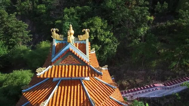 Aerial View Of Chinese Temple Of Guanyin In Green Forest. Koh Phangan, Thailand. HD, 1920x1080. 
