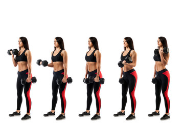 Stages of exercise with dumbbells on the biceps. Young sportive woman fitness model doing an exercise with dumbbells on biceps, on white isolated background