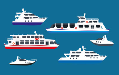 Passenger sea cruise liner ships, yachts marine transport boats vector flat icons