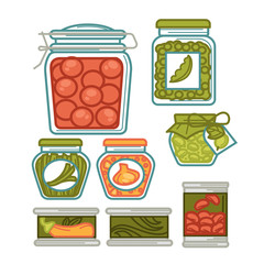 Preserves in glass jars, homemade vegetables pickles vector flat icons