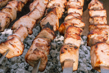 meat on skewers on fire