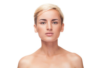 Woman with natural light makeup on white background in studio photo. Clean healthy portrait