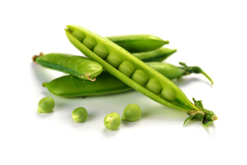 Pods of green peas isolated on a white background. Green ripe fresh vegetables. Legumes.