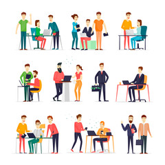 Business characters. Co working people, meeting, teamwork, collaboration and discussion, conference table, brainstorm. Workplace. Office life. Flat design vector illustration.