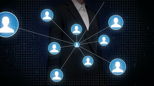 Businesswoman touch screen, human icon connect global world map, dot makes global communication. social media network.