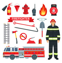 Fototapeta premium Profession of fireman or firefighter vector tools