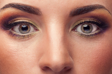 Fototapeta premium Close up face of woman wearing make up. Cosmetics and advertising. Beauty and makeup