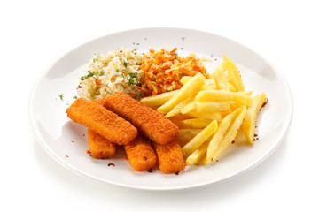 Fish sticks with french fries on white background