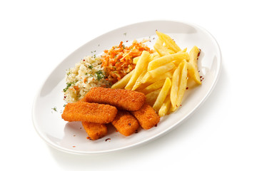 Fried fish sticks with french fries on white background