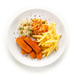 Fried fish sticks with french fries on white background