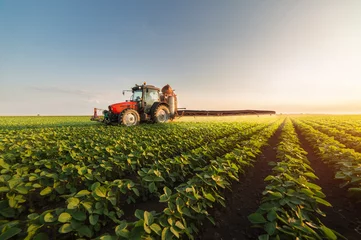 Fotobehang Tractor Trekker die sojabonenveld besproeit in de lente