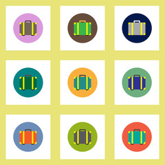 Collection of stylish vector icons in colorful circles travel suitcase